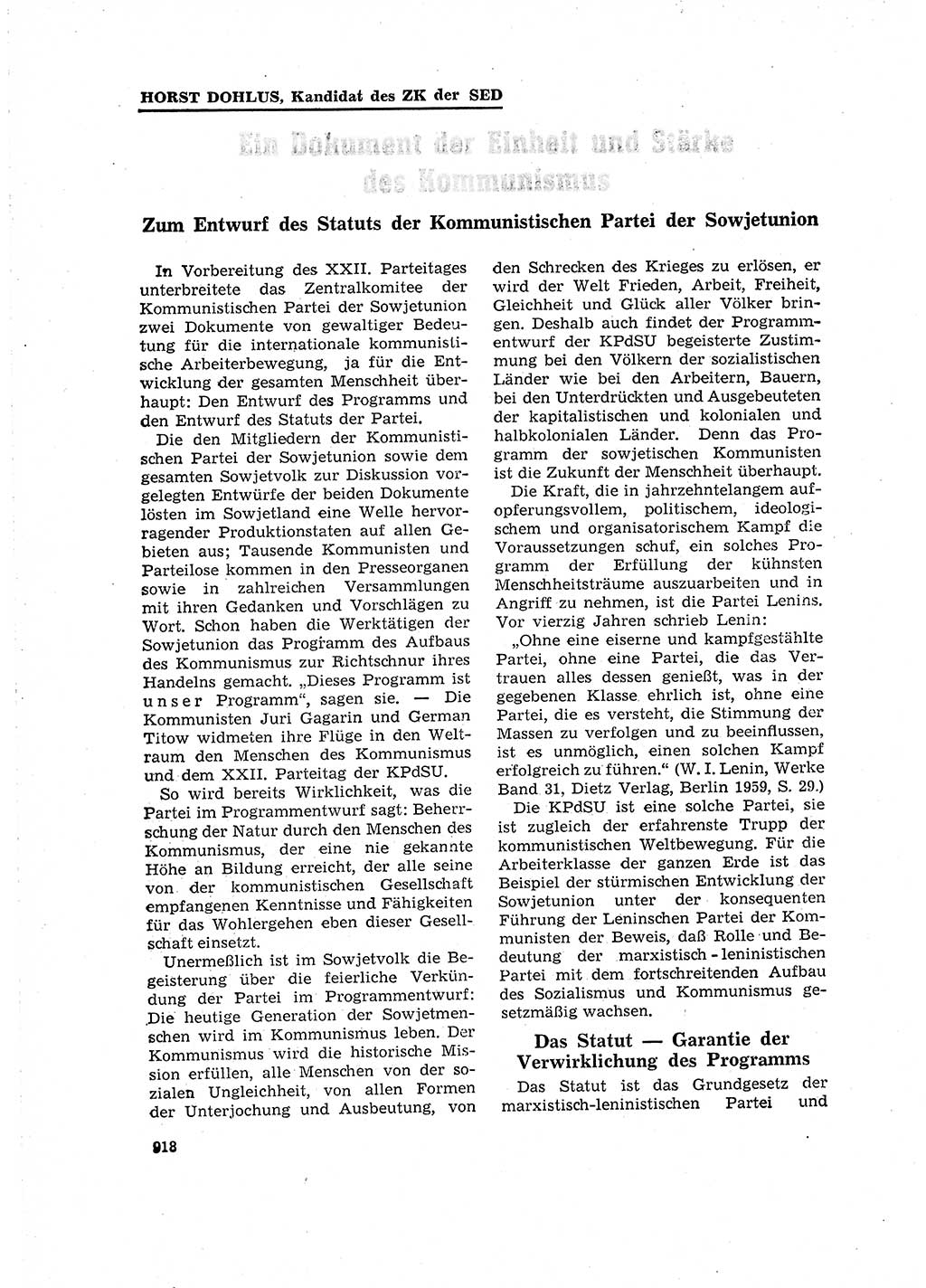 Neuer Weg (NW), Organ des Zentralkomitees (ZK) der SED (Sozialistische Einheitspartei Deutschlands) für Fragen des Parteilebens, 16. Jahrgang [Deutsche Demokratische Republik (DDR)] 1961, Seite 918 (NW ZK SED DDR 1961, S. 918)