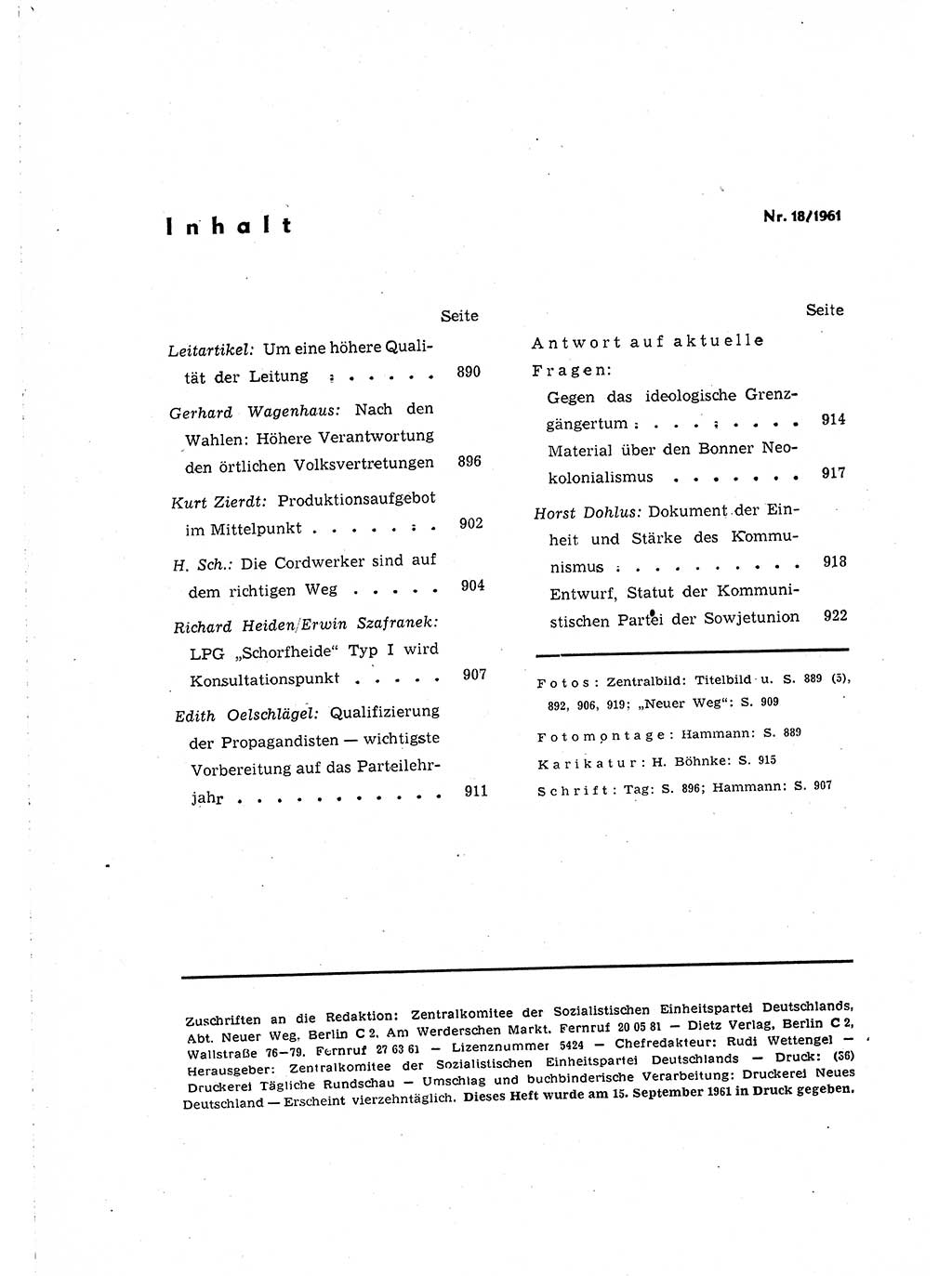 Neuer Weg (NW), Organ des Zentralkomitees (ZK) der SED (Sozialistische Einheitspartei Deutschlands) für Fragen des Parteilebens, 16. Jahrgang [Deutsche Demokratische Republik (DDR)] 1961, Seite 936 (NW ZK SED DDR 1961, S. 936)