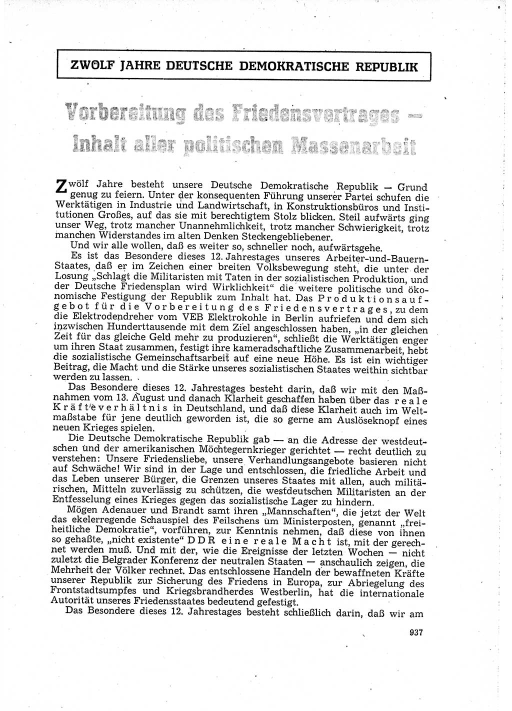 Neuer Weg (NW), Organ des Zentralkomitees (ZK) der SED (Sozialistische Einheitspartei Deutschlands) für Fragen des Parteilebens, 16. Jahrgang [Deutsche Demokratische Republik (DDR)] 1961, Seite 937 (NW ZK SED DDR 1961, S. 937)