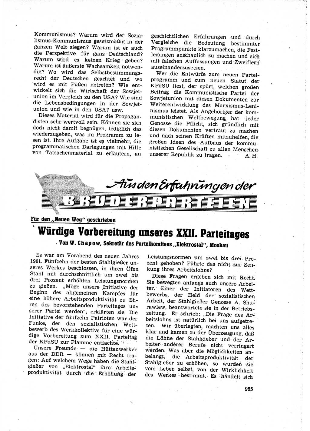 Neuer Weg (NW), Organ des Zentralkomitees (ZK) der SED (Sozialistische Einheitspartei Deutschlands) für Fragen des Parteilebens, 16. Jahrgang [Deutsche Demokratische Republik (DDR)] 1961, Seite 955 (NW ZK SED DDR 1961, S. 955)