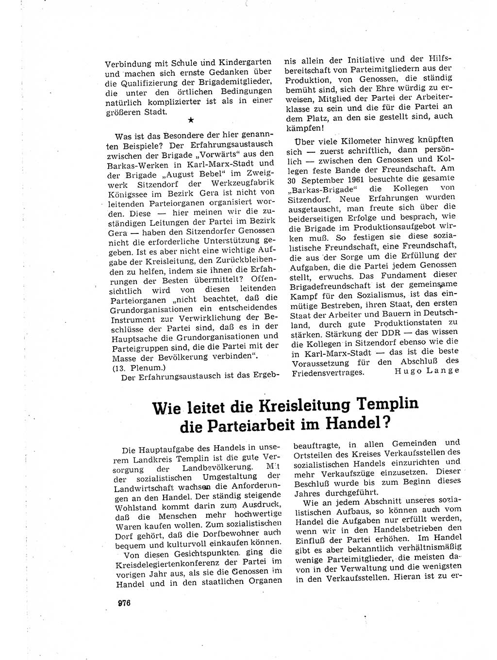 Neuer Weg (NW), Organ des Zentralkomitees (ZK) der SED (Sozialistische Einheitspartei Deutschlands) für Fragen des Parteilebens, 16. Jahrgang [Deutsche Demokratische Republik (DDR)] 1961, Seite 976 (NW ZK SED DDR 1961, S. 976)