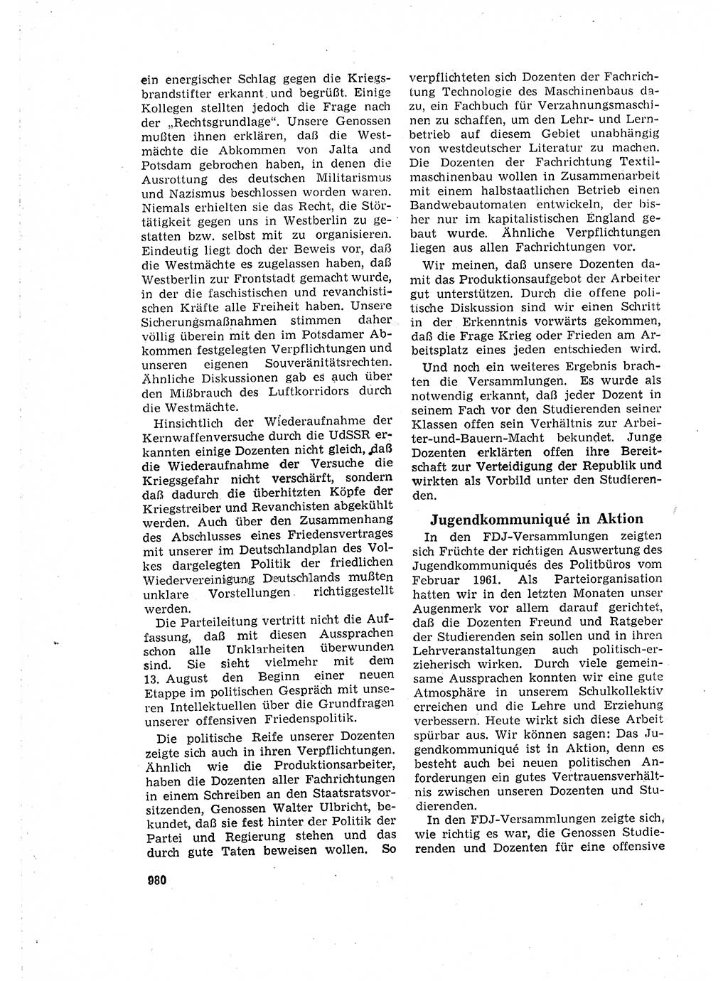 Neuer Weg (NW), Organ des Zentralkomitees (ZK) der SED (Sozialistische Einheitspartei Deutschlands) für Fragen des Parteilebens, 16. Jahrgang [Deutsche Demokratische Republik (DDR)] 1961, Seite 980 (NW ZK SED DDR 1961, S. 980)