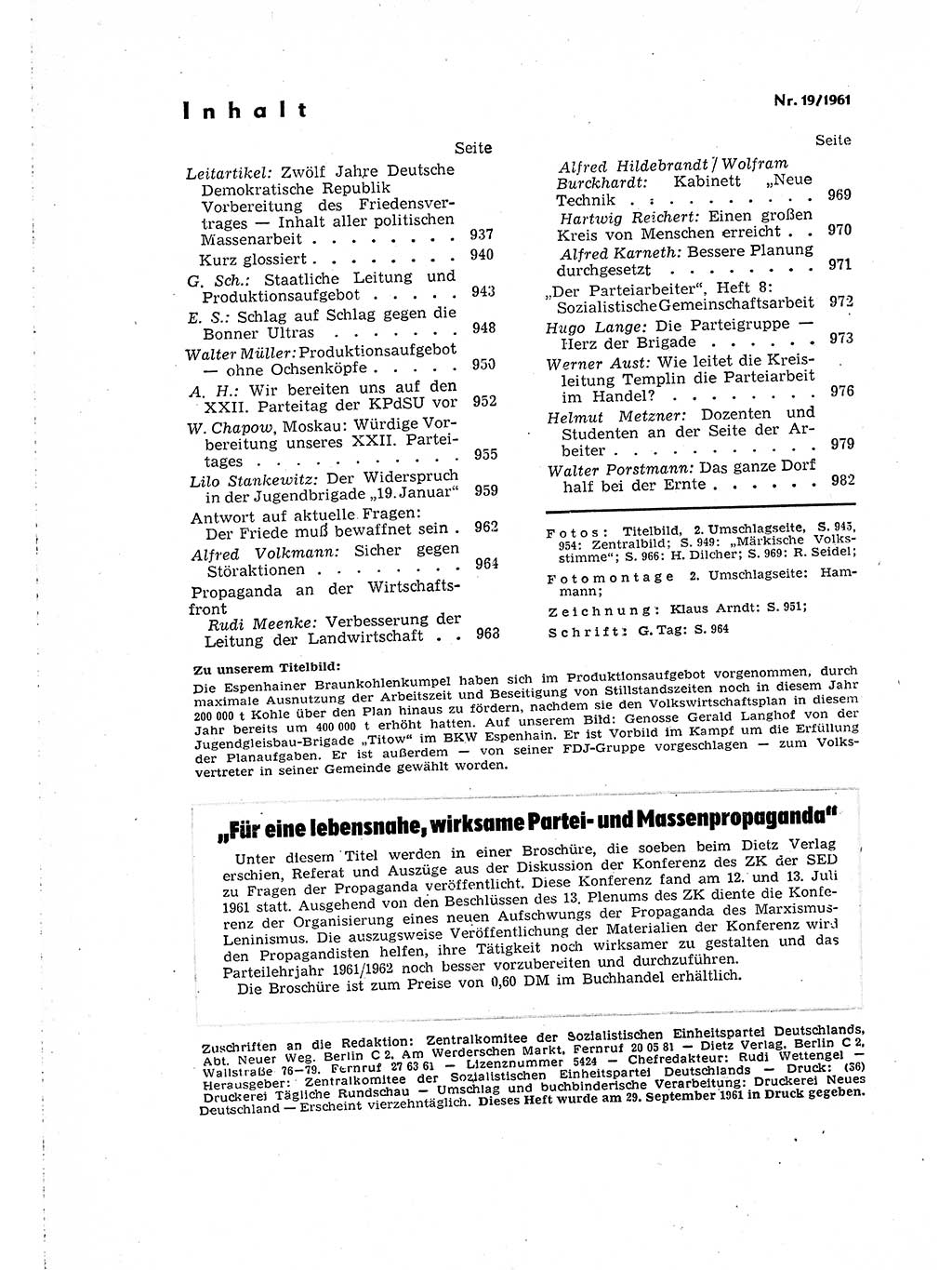 Neuer Weg (NW), Organ des Zentralkomitees (ZK) der SED (Sozialistische Einheitspartei Deutschlands) für Fragen des Parteilebens, 16. Jahrgang [Deutsche Demokratische Republik (DDR)] 1961, Seite 984 (NW ZK SED DDR 1961, S. 984)