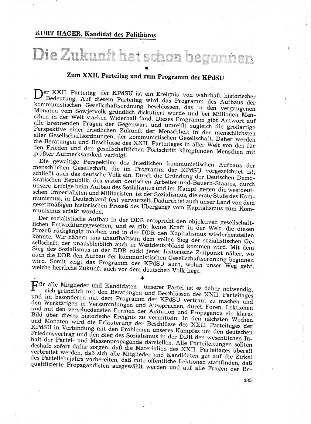 Neuer Weg (NW), Organ des Zentralkomitees (ZK) der SED (Sozialistische Einheitspartei Deutschlands) für Fragen des Parteilebens, 16. Jahrgang [Deutsche Demokratische Republik (DDR)] 1961, Seite 985 (NW ZK SED DDR 1961, S. 985)