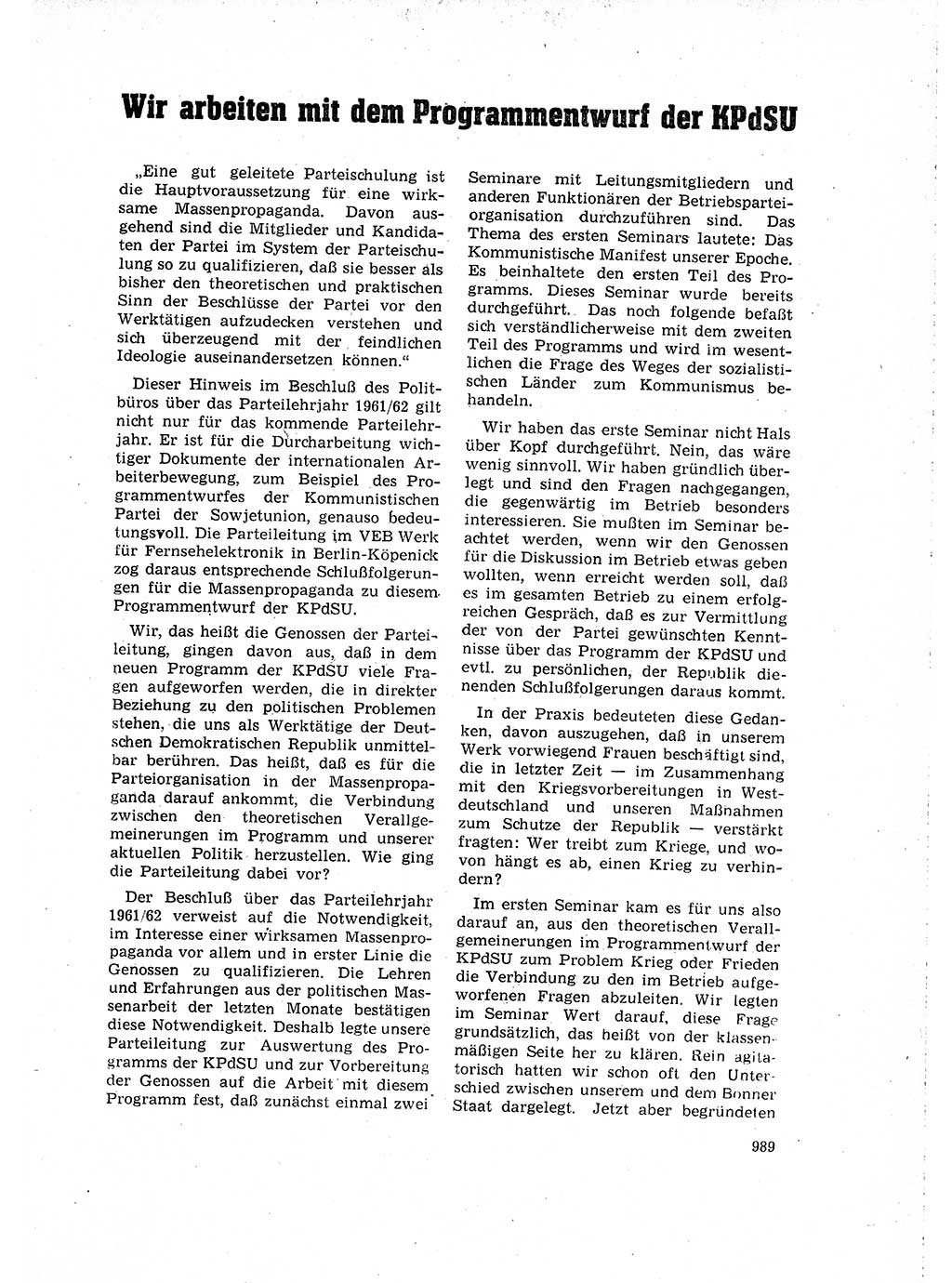 Neuer Weg (NW), Organ des Zentralkomitees (ZK) der SED (Sozialistische Einheitspartei Deutschlands) für Fragen des Parteilebens, 16. Jahrgang [Deutsche Demokratische Republik (DDR)] 1961, Seite 989 (NW ZK SED DDR 1961, S. 989)