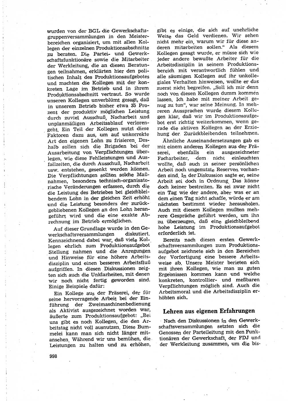 Neuer Weg (NW), Organ des Zentralkomitees (ZK) der SED (Sozialistische Einheitspartei Deutschlands) für Fragen des Parteilebens, 16. Jahrgang [Deutsche Demokratische Republik (DDR)] 1961, Seite 998 (NW ZK SED DDR 1961, S. 998)
