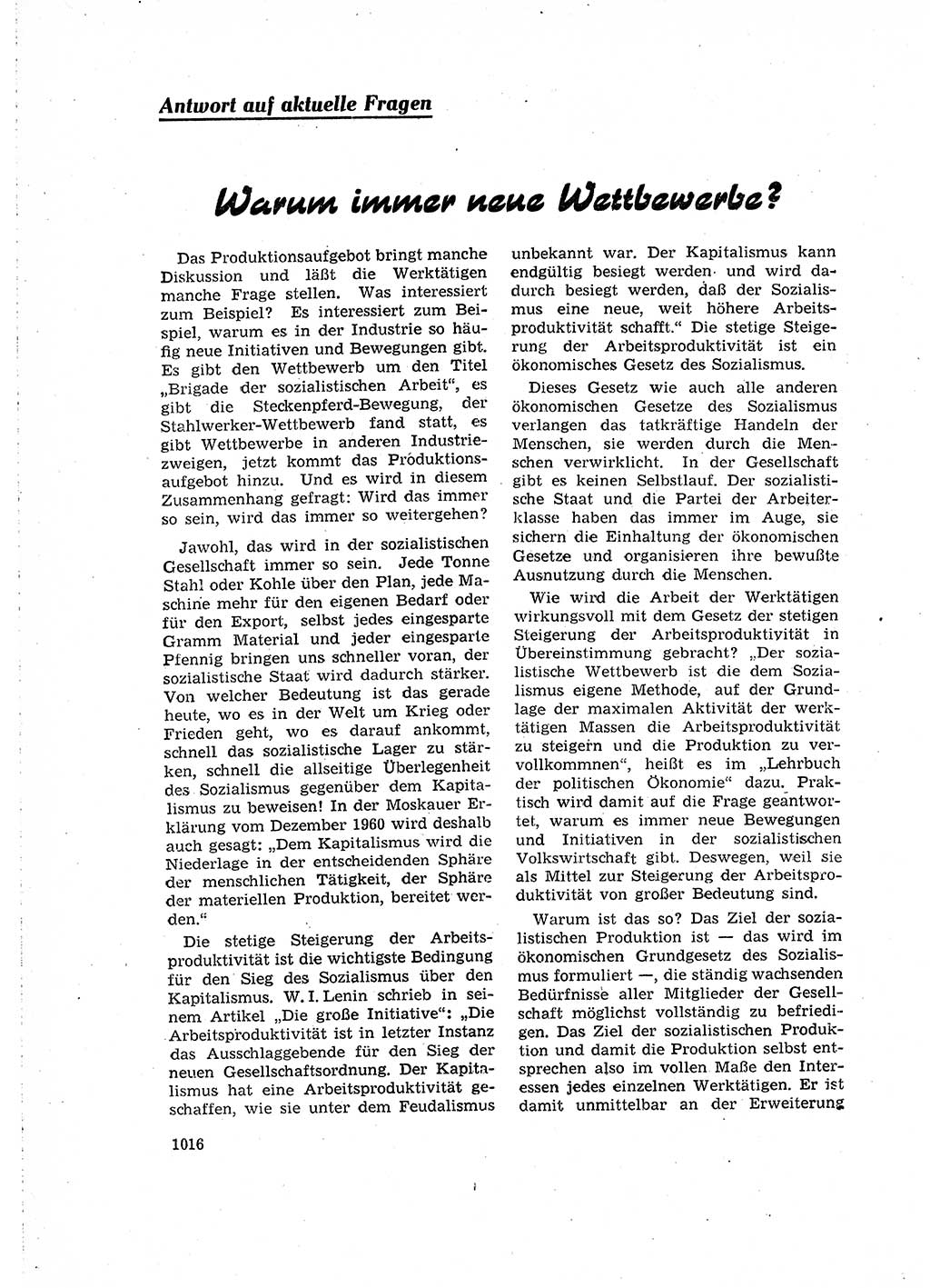 Neuer Weg (NW), Organ des Zentralkomitees (ZK) der SED (Sozialistische Einheitspartei Deutschlands) für Fragen des Parteilebens, 16. Jahrgang [Deutsche Demokratische Republik (DDR)] 1961, Seite 1016 (NW ZK SED DDR 1961, S. 1016)
