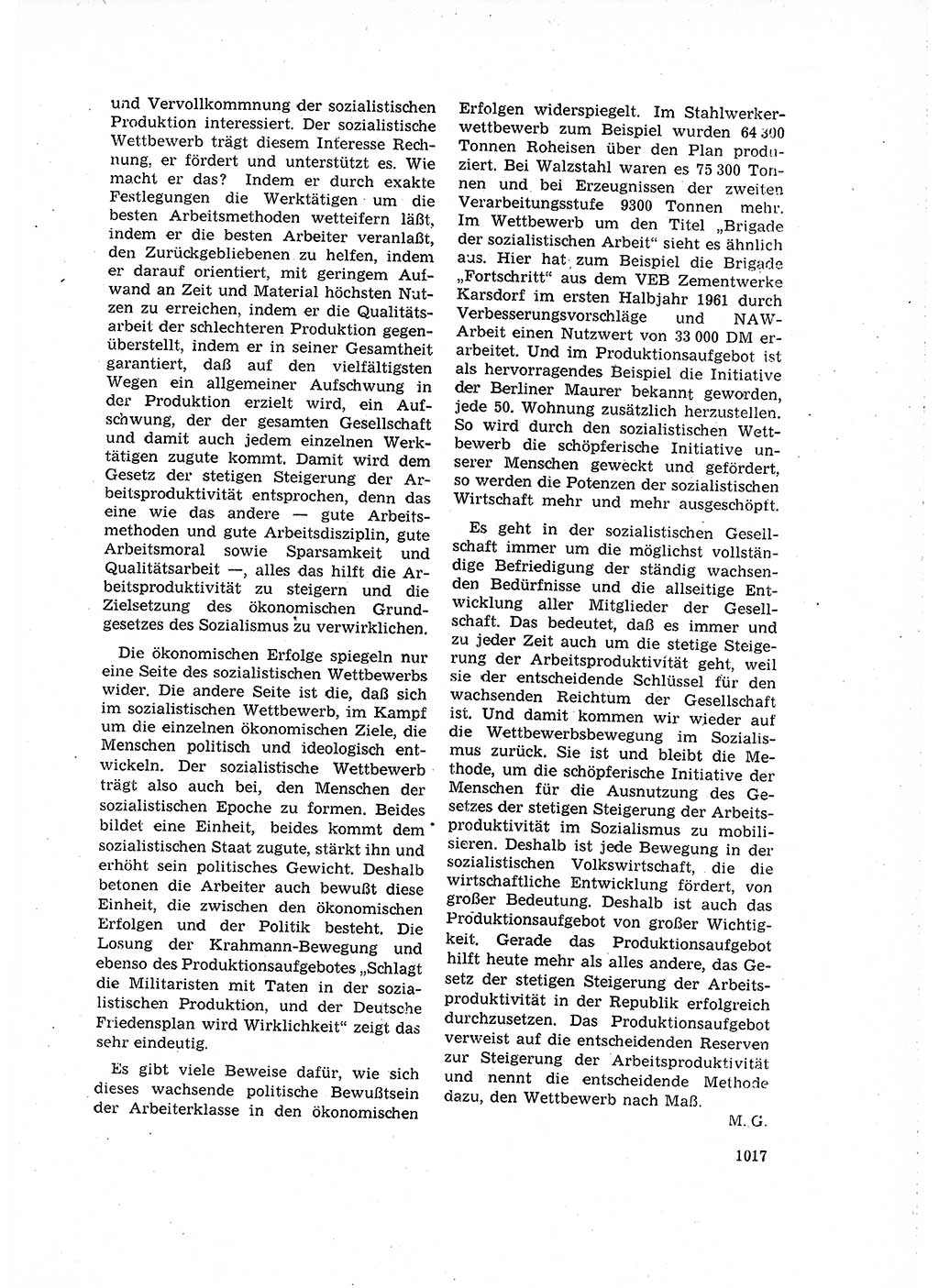 Neuer Weg (NW), Organ des Zentralkomitees (ZK) der SED (Sozialistische Einheitspartei Deutschlands) für Fragen des Parteilebens, 16. Jahrgang [Deutsche Demokratische Republik (DDR)] 1961, Seite 1017 (NW ZK SED DDR 1961, S. 1017)
