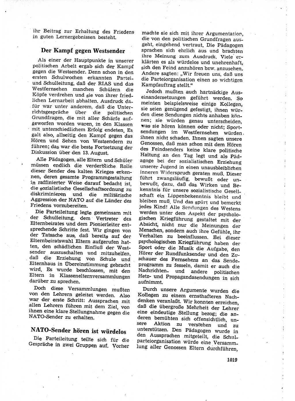 Neuer Weg (NW), Organ des Zentralkomitees (ZK) der SED (Sozialistische Einheitspartei Deutschlands) für Fragen des Parteilebens, 16. Jahrgang [Deutsche Demokratische Republik (DDR)] 1961, Seite 1019 (NW ZK SED DDR 1961, S. 1019)