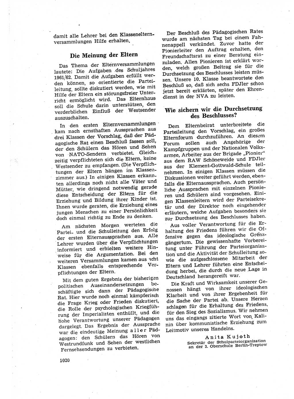 Neuer Weg (NW), Organ des Zentralkomitees (ZK) der SED (Sozialistische Einheitspartei Deutschlands) für Fragen des Parteilebens, 16. Jahrgang [Deutsche Demokratische Republik (DDR)] 1961, Seite 1020 (NW ZK SED DDR 1961, S. 1020)