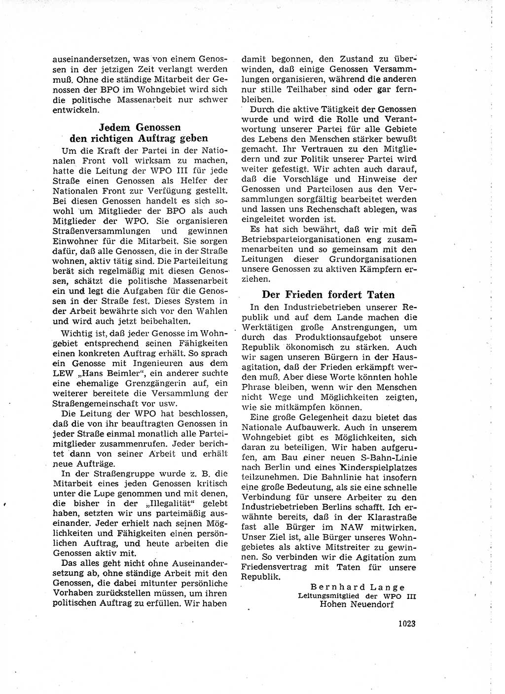 Neuer Weg (NW), Organ des Zentralkomitees (ZK) der SED (Sozialistische Einheitspartei Deutschlands) für Fragen des Parteilebens, 16. Jahrgang [Deutsche Demokratische Republik (DDR)] 1961, Seite 1023 (NW ZK SED DDR 1961, S. 1023)