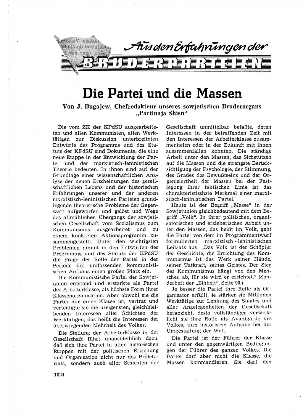 Neuer Weg (NW), Organ des Zentralkomitees (ZK) der SED (Sozialistische Einheitspartei Deutschlands) für Fragen des Parteilebens, 16. Jahrgang [Deutsche Demokratische Republik (DDR)] 1961, Seite 1024 (NW ZK SED DDR 1961, S. 1024)