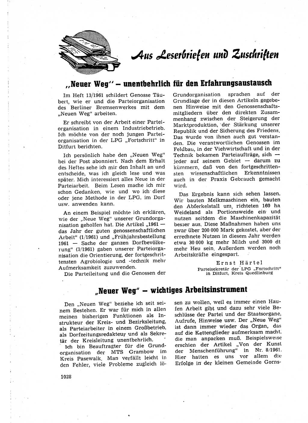 Neuer Weg (NW), Organ des Zentralkomitees (ZK) der SED (Sozialistische Einheitspartei Deutschlands) für Fragen des Parteilebens, 16. Jahrgang [Deutsche Demokratische Republik (DDR)] 1961, Seite 1028 (NW ZK SED DDR 1961, S. 1028)