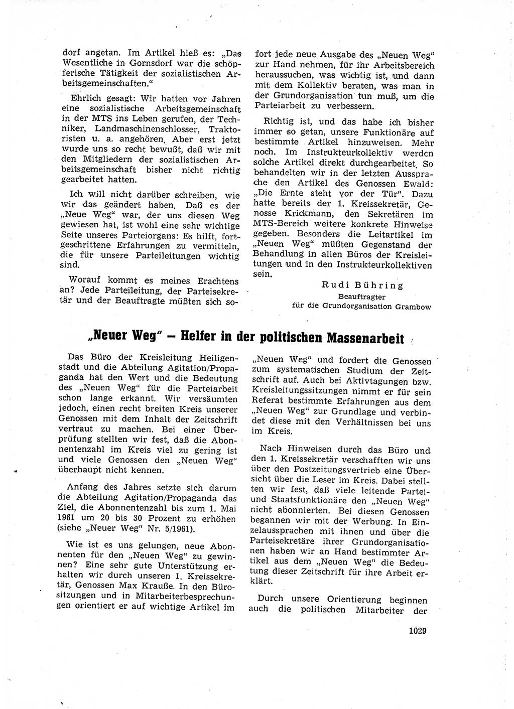 Neuer Weg (NW), Organ des Zentralkomitees (ZK) der SED (Sozialistische Einheitspartei Deutschlands) für Fragen des Parteilebens, 16. Jahrgang [Deutsche Demokratische Republik (DDR)] 1961, Seite 1029 (NW ZK SED DDR 1961, S. 1029)