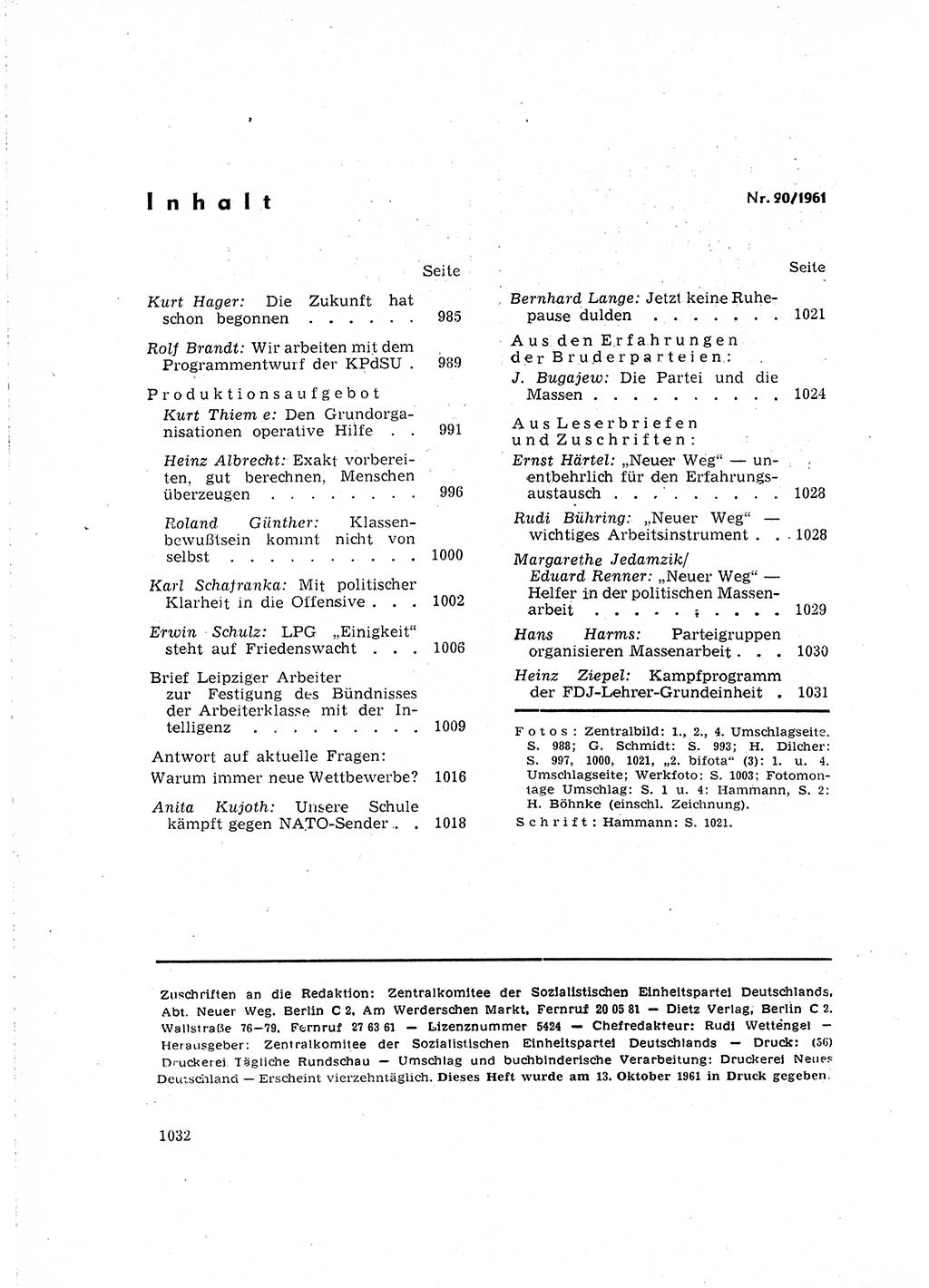 Neuer Weg (NW), Organ des Zentralkomitees (ZK) der SED (Sozialistische Einheitspartei Deutschlands) für Fragen des Parteilebens, 16. Jahrgang [Deutsche Demokratische Republik (DDR)] 1961, Seite 1032 (NW ZK SED DDR 1961, S. 1032)