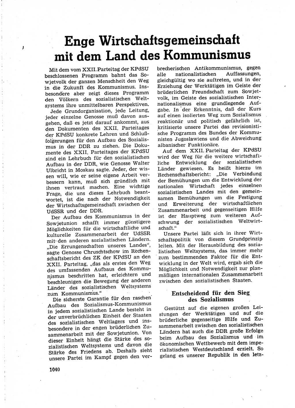 Neuer Weg (NW), Organ des Zentralkomitees (ZK) der SED (Sozialistische Einheitspartei Deutschlands) für Fragen des Parteilebens, 16. Jahrgang [Deutsche Demokratische Republik (DDR)] 1961, Seite 1040 (NW ZK SED DDR 1961, S. 1040)