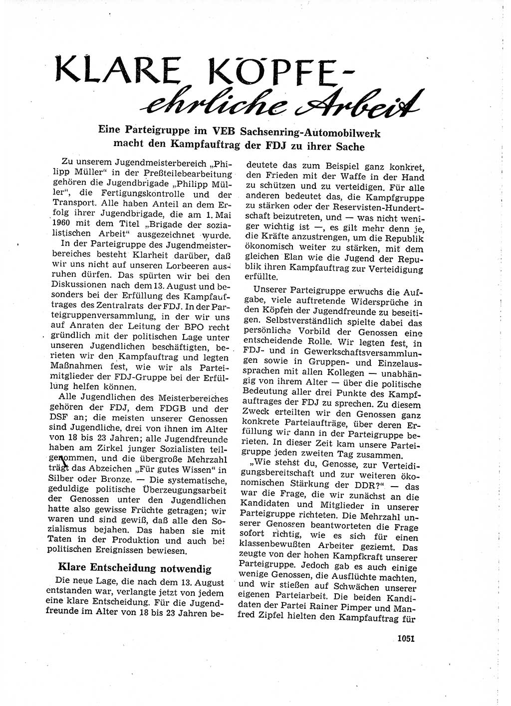 Neuer Weg (NW), Organ des Zentralkomitees (ZK) der SED (Sozialistische Einheitspartei Deutschlands) für Fragen des Parteilebens, 16. Jahrgang [Deutsche Demokratische Republik (DDR)] 1961, Seite 1051 (NW ZK SED DDR 1961, S. 1051)