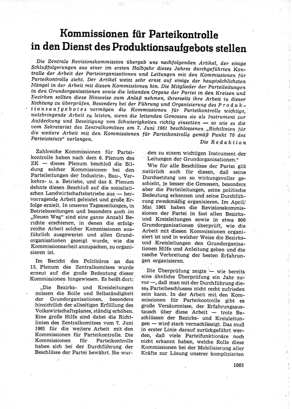Neuer Weg (NW), Organ des Zentralkomitees (ZK) der SED (Sozialistische Einheitspartei Deutschlands) für Fragen des Parteilebens, 16. Jahrgang [Deutsche Demokratische Republik (DDR)] 1961, Seite 1063 (NW ZK SED DDR 1961, S. 1063)