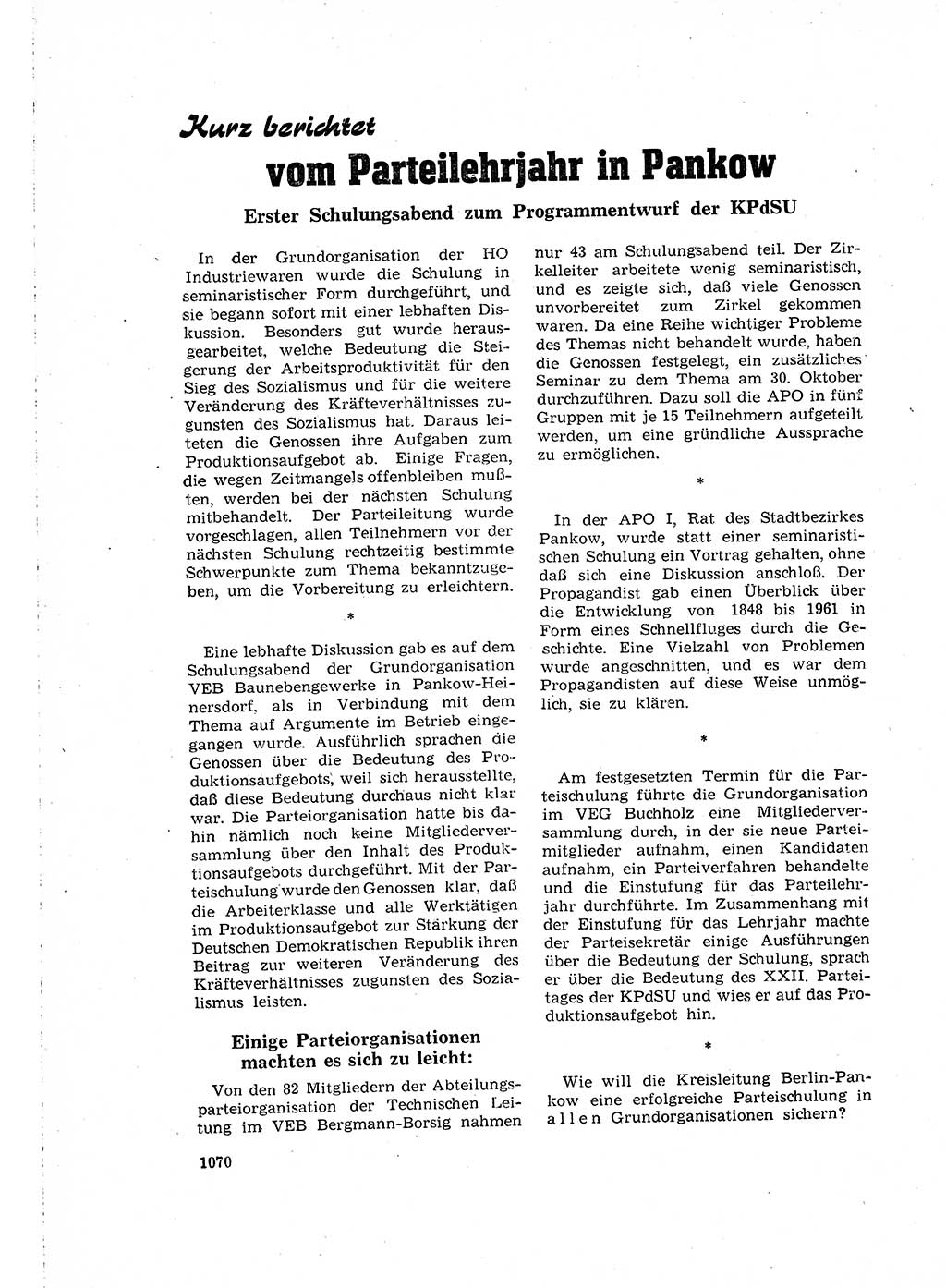 Neuer Weg (NW), Organ des Zentralkomitees (ZK) der SED (Sozialistische Einheitspartei Deutschlands) für Fragen des Parteilebens, 16. Jahrgang [Deutsche Demokratische Republik (DDR)] 1961, Seite 1070 (NW ZK SED DDR 1961, S. 1070)