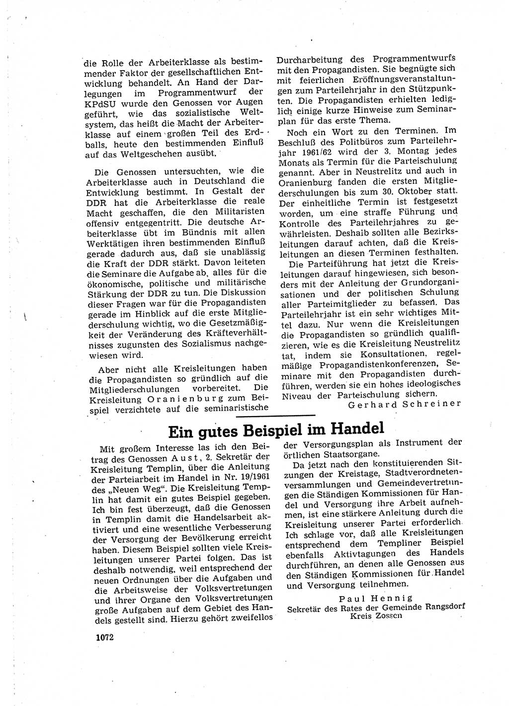 Neuer Weg (NW), Organ des Zentralkomitees (ZK) der SED (Sozialistische Einheitspartei Deutschlands) für Fragen des Parteilebens, 16. Jahrgang [Deutsche Demokratische Republik (DDR)] 1961, Seite 1072 (NW ZK SED DDR 1961, S. 1072)