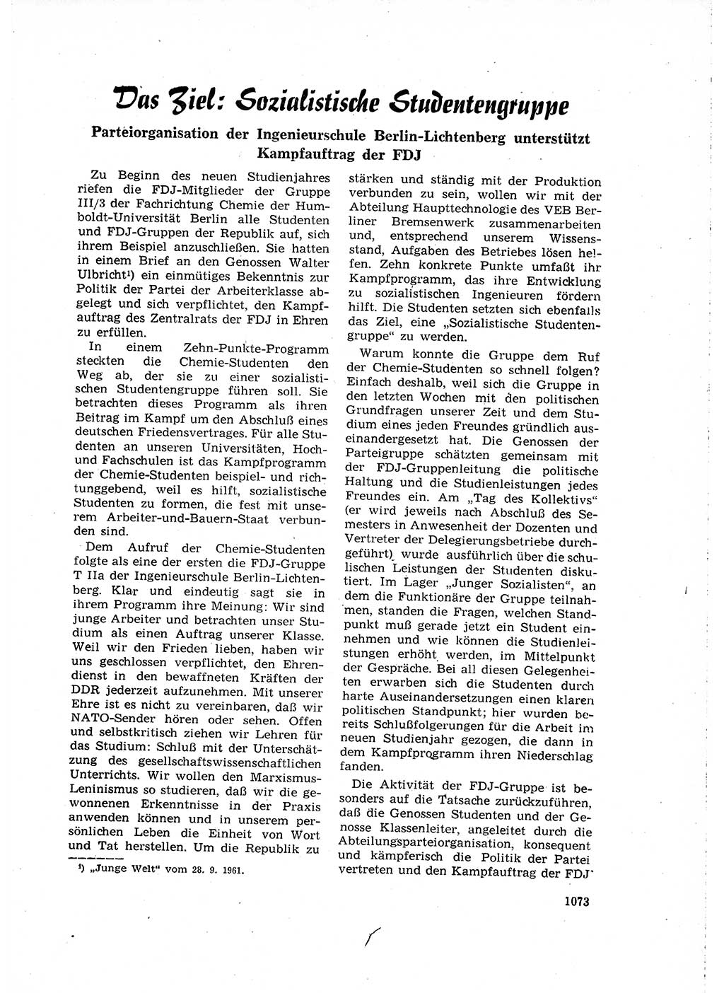 Neuer Weg (NW), Organ des Zentralkomitees (ZK) der SED (Sozialistische Einheitspartei Deutschlands) für Fragen des Parteilebens, 16. Jahrgang [Deutsche Demokratische Republik (DDR)] 1961, Seite 1073 (NW ZK SED DDR 1961, S. 1073)