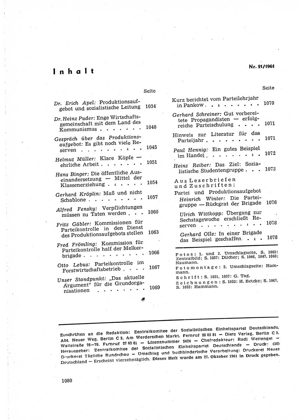 Neuer Weg (NW), Organ des Zentralkomitees (ZK) der SED (Sozialistische Einheitspartei Deutschlands) für Fragen des Parteilebens, 16. Jahrgang [Deutsche Demokratische Republik (DDR)] 1961, Seite 1080 (NW ZK SED DDR 1961, S. 1080)
