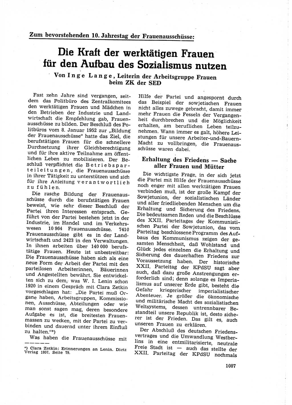 Neuer Weg (NW), Organ des Zentralkomitees (ZK) der SED (Sozialistische Einheitspartei Deutschlands) für Fragen des Parteilebens, 16. Jahrgang [Deutsche Demokratische Republik (DDR)] 1961, Seite 1087 (NW ZK SED DDR 1961, S. 1087)