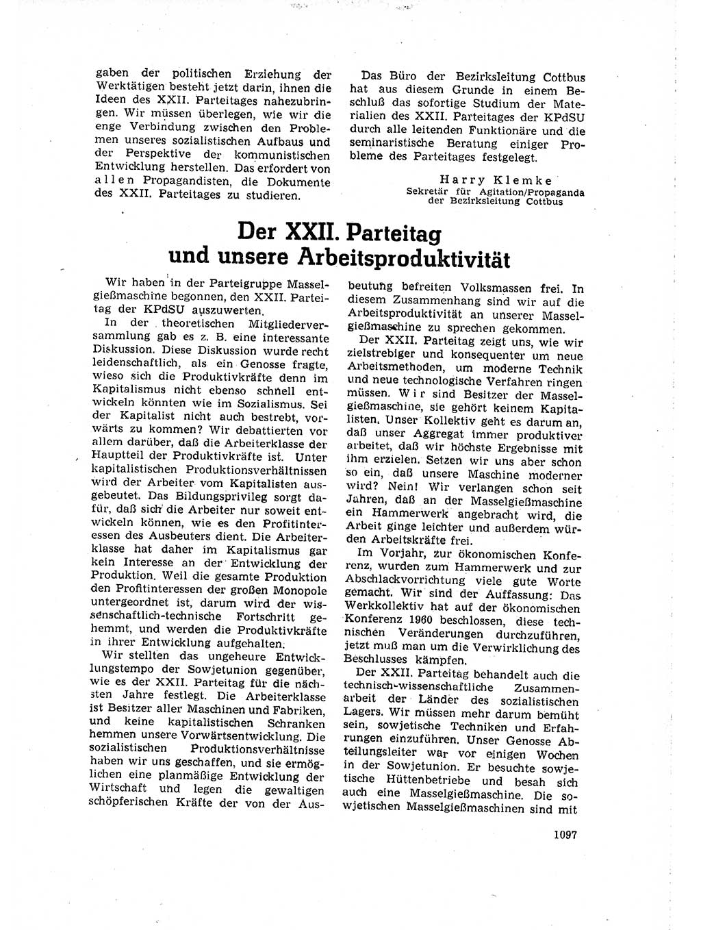 Neuer Weg (NW), Organ des Zentralkomitees (ZK) der SED (Sozialistische Einheitspartei Deutschlands) für Fragen des Parteilebens, 16. Jahrgang [Deutsche Demokratische Republik (DDR)] 1961, Seite 1097 (NW ZK SED DDR 1961, S. 1097)