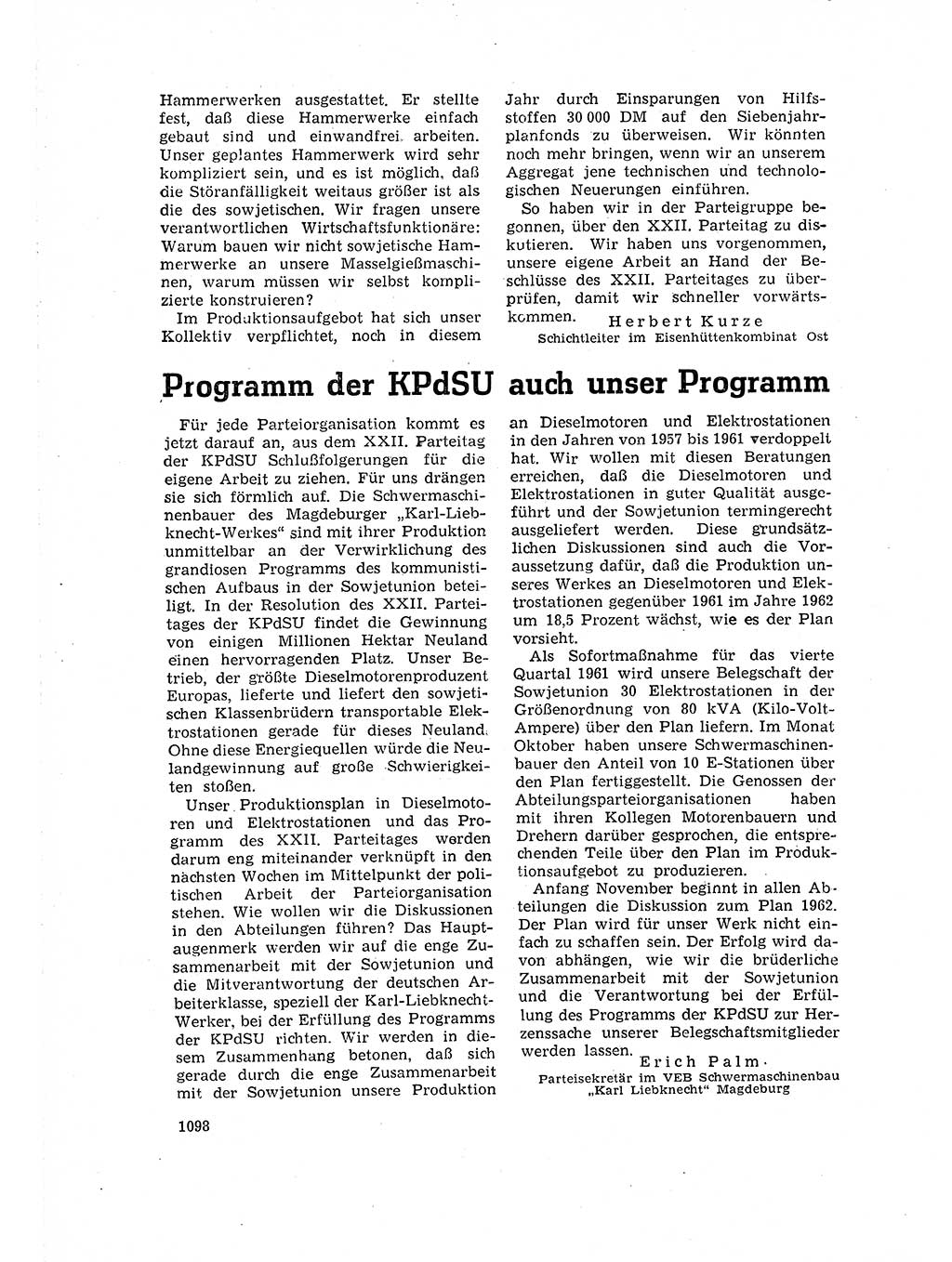 Neuer Weg (NW), Organ des Zentralkomitees (ZK) der SED (Sozialistische Einheitspartei Deutschlands) für Fragen des Parteilebens, 16. Jahrgang [Deutsche Demokratische Republik (DDR)] 1961, Seite 1098 (NW ZK SED DDR 1961, S. 1098)