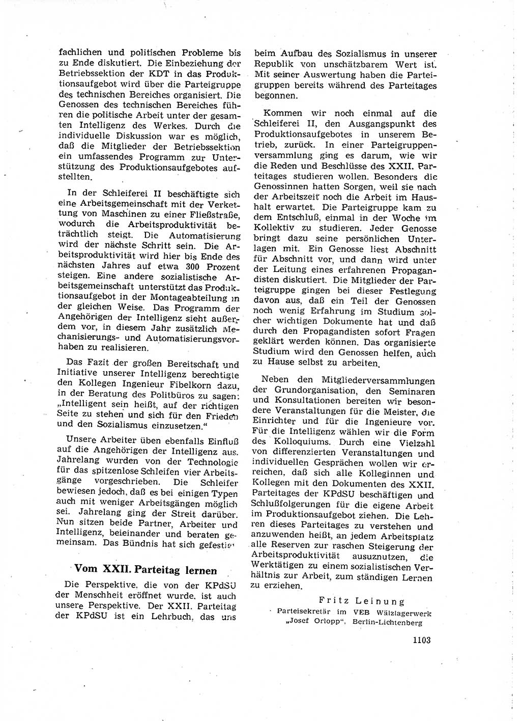 Neuer Weg (NW), Organ des Zentralkomitees (ZK) der SED (Sozialistische Einheitspartei Deutschlands) für Fragen des Parteilebens, 16. Jahrgang [Deutsche Demokratische Republik (DDR)] 1961, Seite 1103 (NW ZK SED DDR 1961, S. 1103)