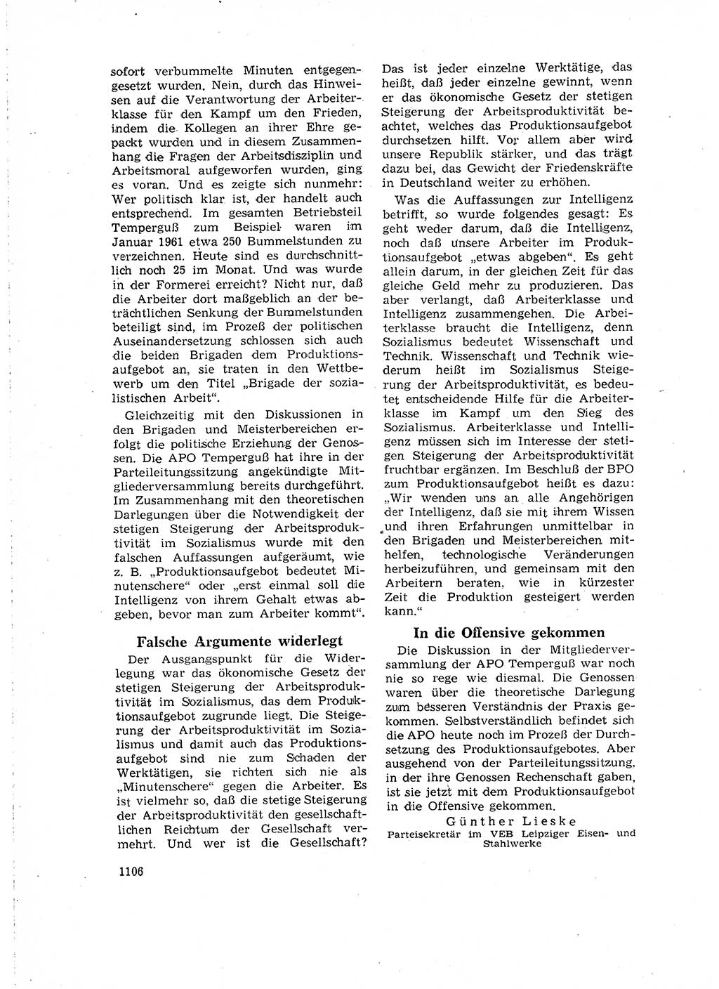 Neuer Weg (NW), Organ des Zentralkomitees (ZK) der SED (Sozialistische Einheitspartei Deutschlands) für Fragen des Parteilebens, 16. Jahrgang [Deutsche Demokratische Republik (DDR)] 1961, Seite 1106 (NW ZK SED DDR 1961, S. 1106)