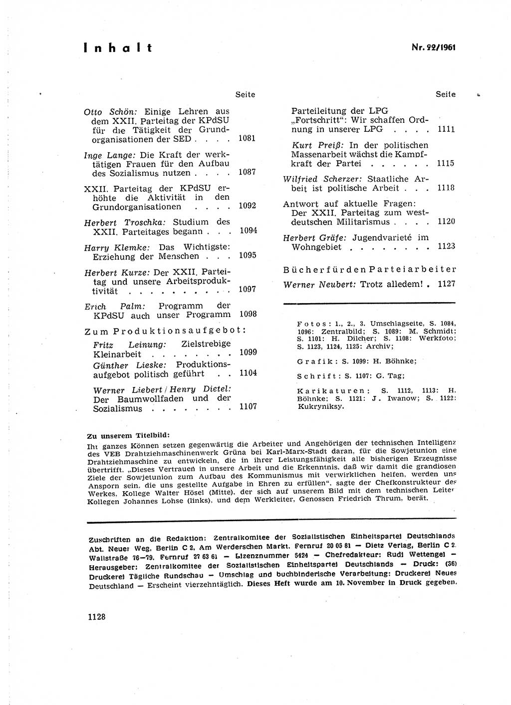 Neuer Weg (NW), Organ des Zentralkomitees (ZK) der SED (Sozialistische Einheitspartei Deutschlands) für Fragen des Parteilebens, 16. Jahrgang [Deutsche Demokratische Republik (DDR)] 1961, Seite 1128 (NW ZK SED DDR 1961, S. 1128)