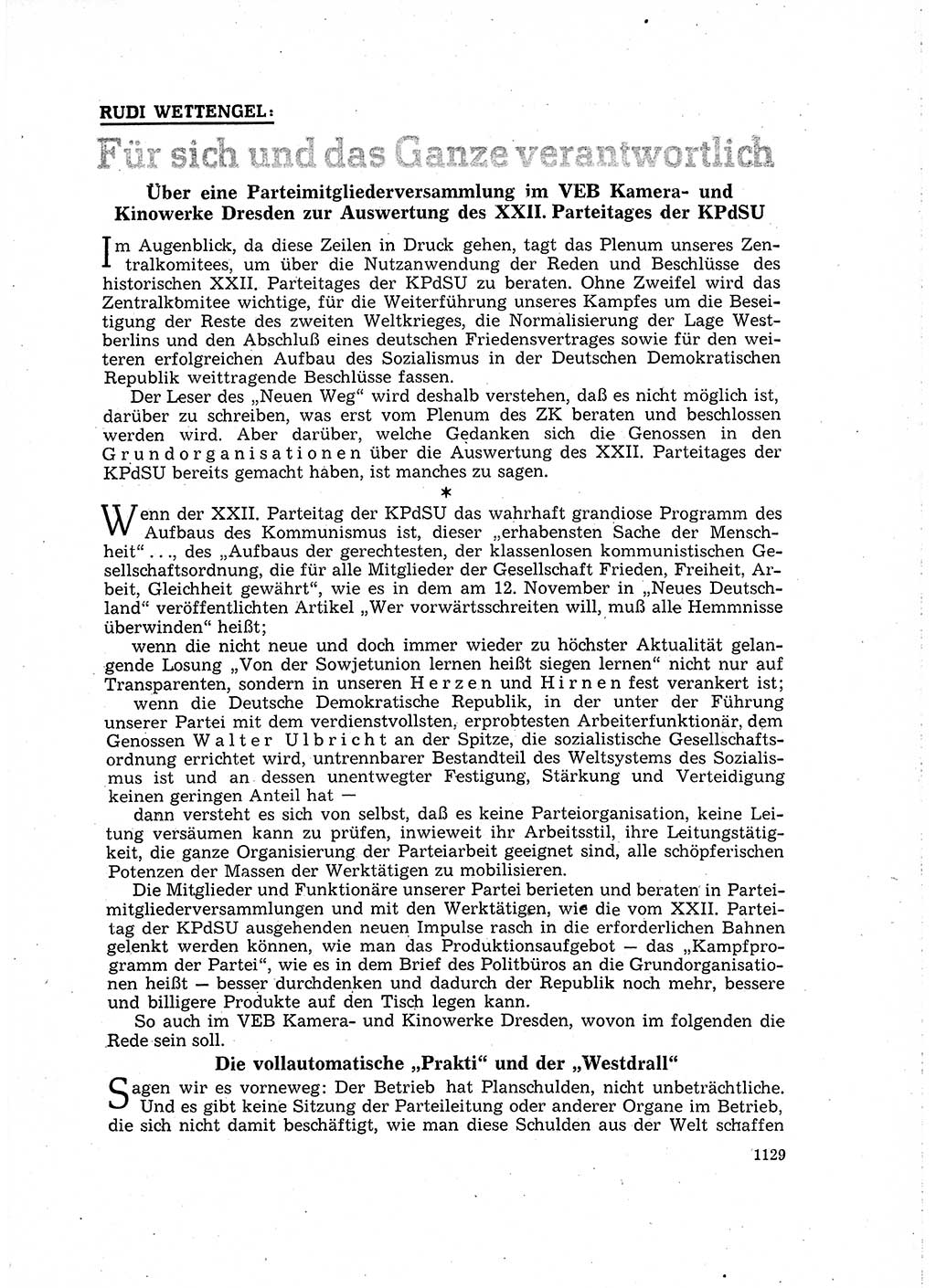 Neuer Weg (NW), Organ des Zentralkomitees (ZK) der SED (Sozialistische Einheitspartei Deutschlands) für Fragen des Parteilebens, 16. Jahrgang [Deutsche Demokratische Republik (DDR)] 1961, Seite 1129 (NW ZK SED DDR 1961, S. 1129)