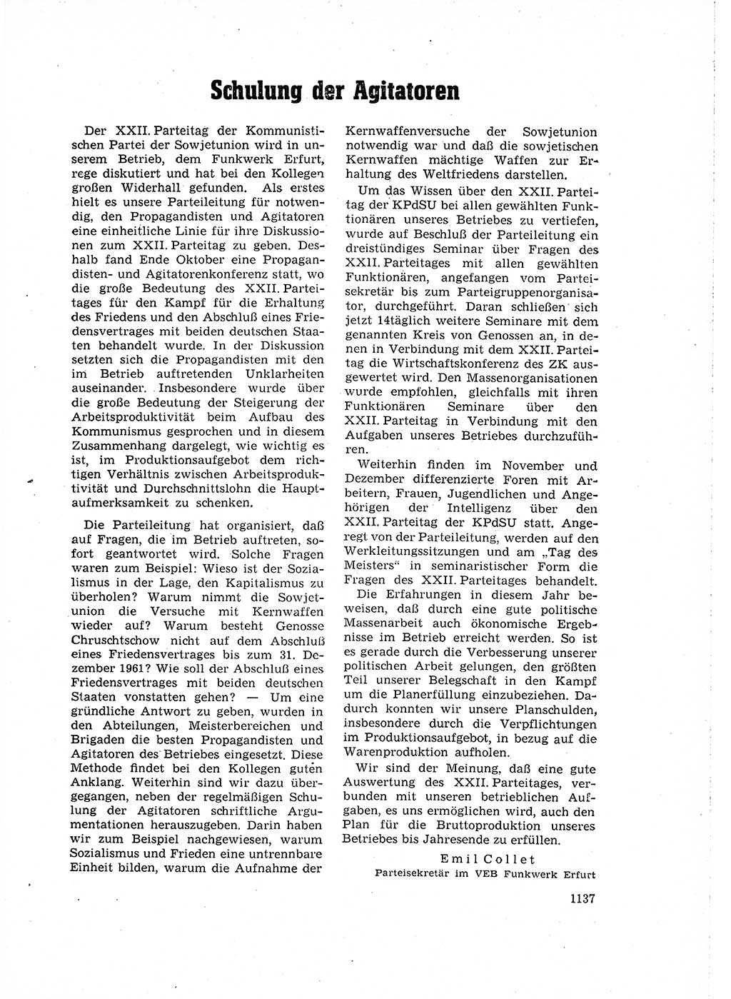 Neuer Weg (NW), Organ des Zentralkomitees (ZK) der SED (Sozialistische Einheitspartei Deutschlands) für Fragen des Parteilebens, 16. Jahrgang [Deutsche Demokratische Republik (DDR)] 1961, Seite 1137 (NW ZK SED DDR 1961, S. 1137)