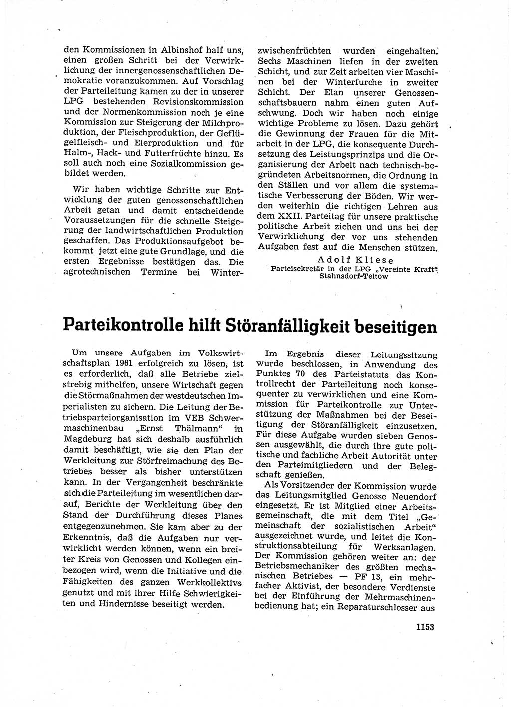 Neuer Weg (NW), Organ des Zentralkomitees (ZK) der SED (Sozialistische Einheitspartei Deutschlands) für Fragen des Parteilebens, 16. Jahrgang [Deutsche Demokratische Republik (DDR)] 1961, Seite 1153 (NW ZK SED DDR 1961, S. 1153)