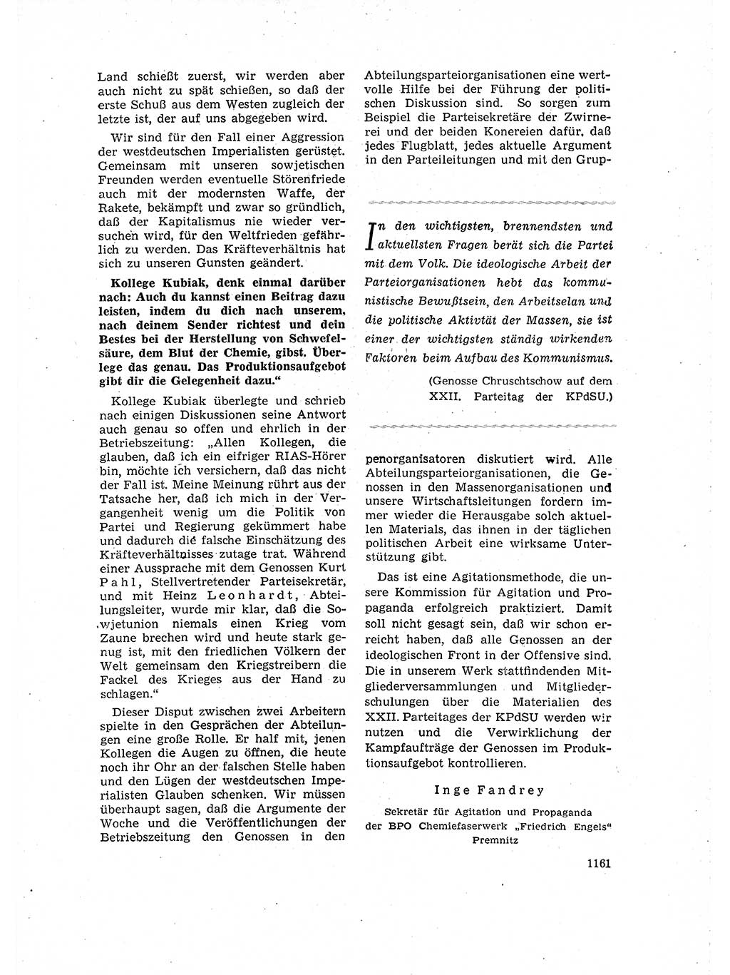 Neuer Weg (NW), Organ des Zentralkomitees (ZK) der SED (Sozialistische Einheitspartei Deutschlands) für Fragen des Parteilebens, 16. Jahrgang [Deutsche Demokratische Republik (DDR)] 1961, Seite 1161 (NW ZK SED DDR 1961, S. 1161)