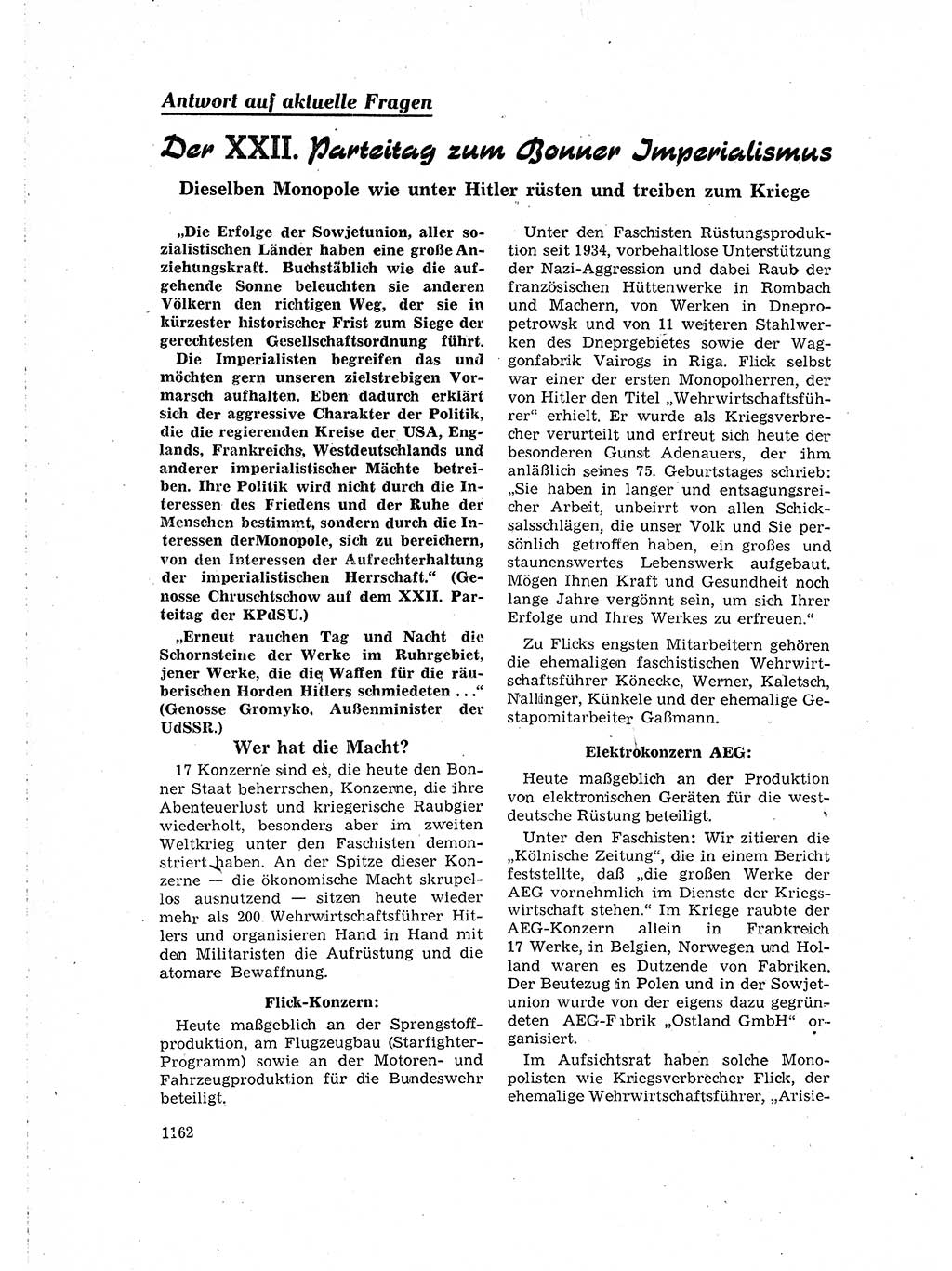 Neuer Weg (NW), Organ des Zentralkomitees (ZK) der SED (Sozialistische Einheitspartei Deutschlands) für Fragen des Parteilebens, 16. Jahrgang [Deutsche Demokratische Republik (DDR)] 1961, Seite 1162 (NW ZK SED DDR 1961, S. 1162)