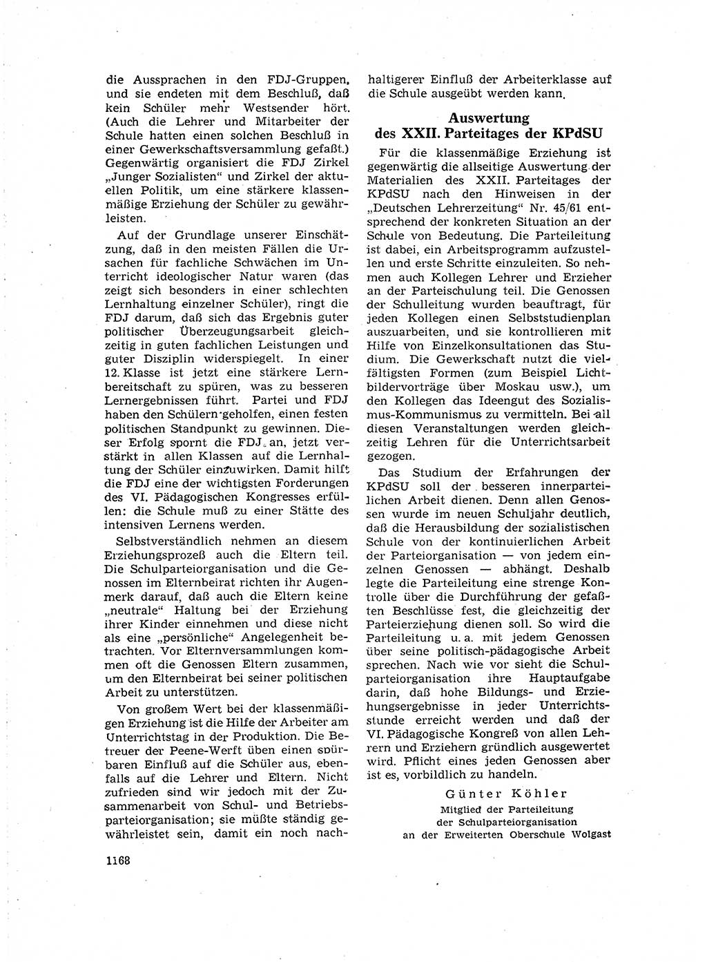 Neuer Weg (NW), Organ des Zentralkomitees (ZK) der SED (Sozialistische Einheitspartei Deutschlands) für Fragen des Parteilebens, 16. Jahrgang [Deutsche Demokratische Republik (DDR)] 1961, Seite 1168 (NW ZK SED DDR 1961, S. 1168)