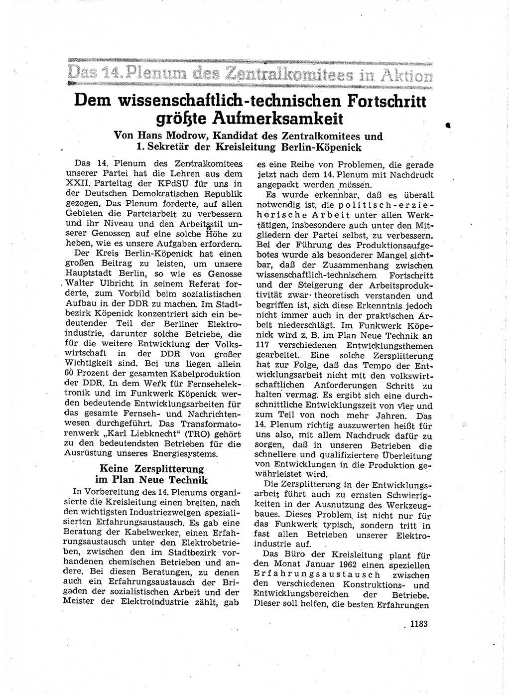 Neuer Weg (NW), Organ des Zentralkomitees (ZK) der SED (Sozialistische Einheitspartei Deutschlands) für Fragen des Parteilebens, 16. Jahrgang [Deutsche Demokratische Republik (DDR)] 1961, Seite 1183 (NW ZK SED DDR 1961, S. 1183)