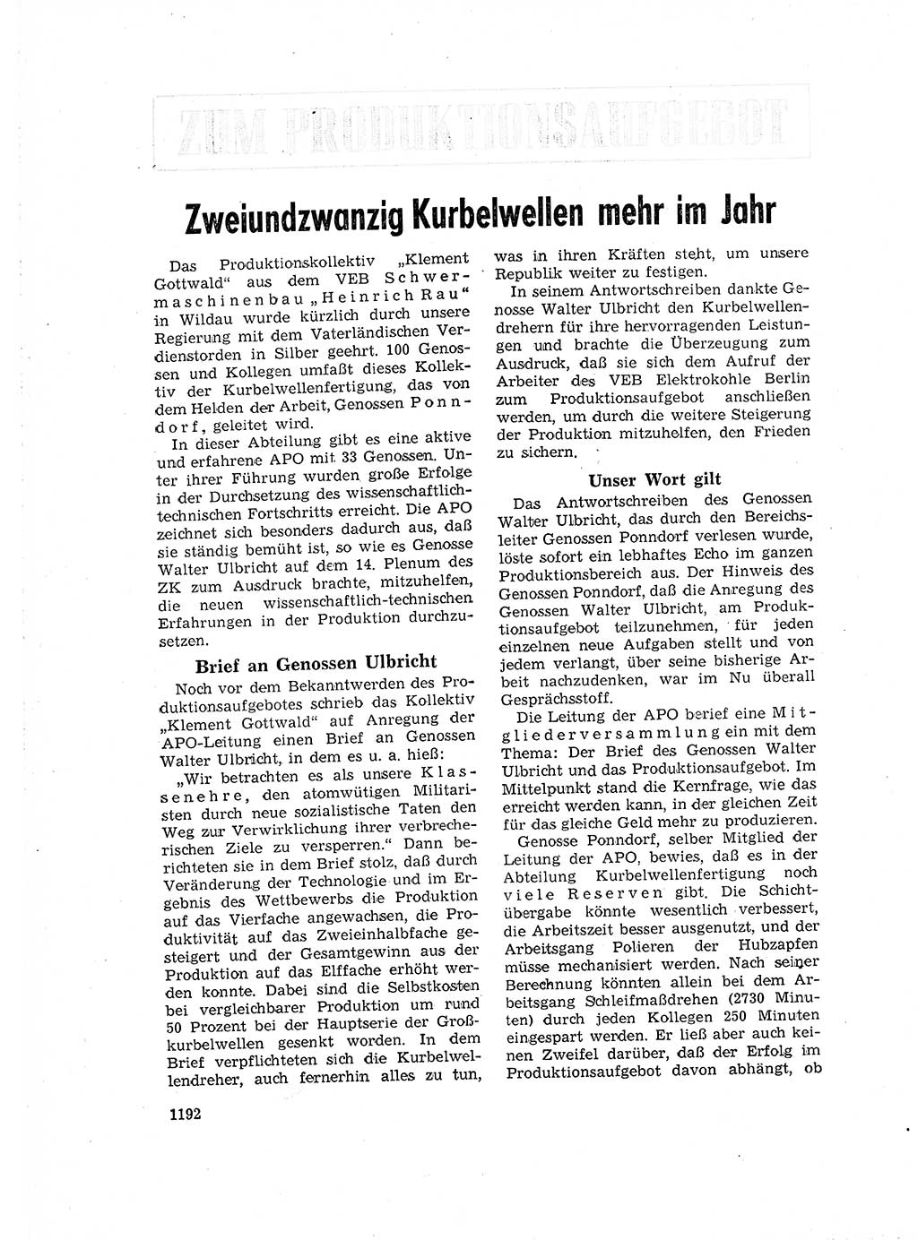 Neuer Weg (NW), Organ des Zentralkomitees (ZK) der SED (Sozialistische Einheitspartei Deutschlands) für Fragen des Parteilebens, 16. Jahrgang [Deutsche Demokratische Republik (DDR)] 1961, Seite 1192 (NW ZK SED DDR 1961, S. 1192)