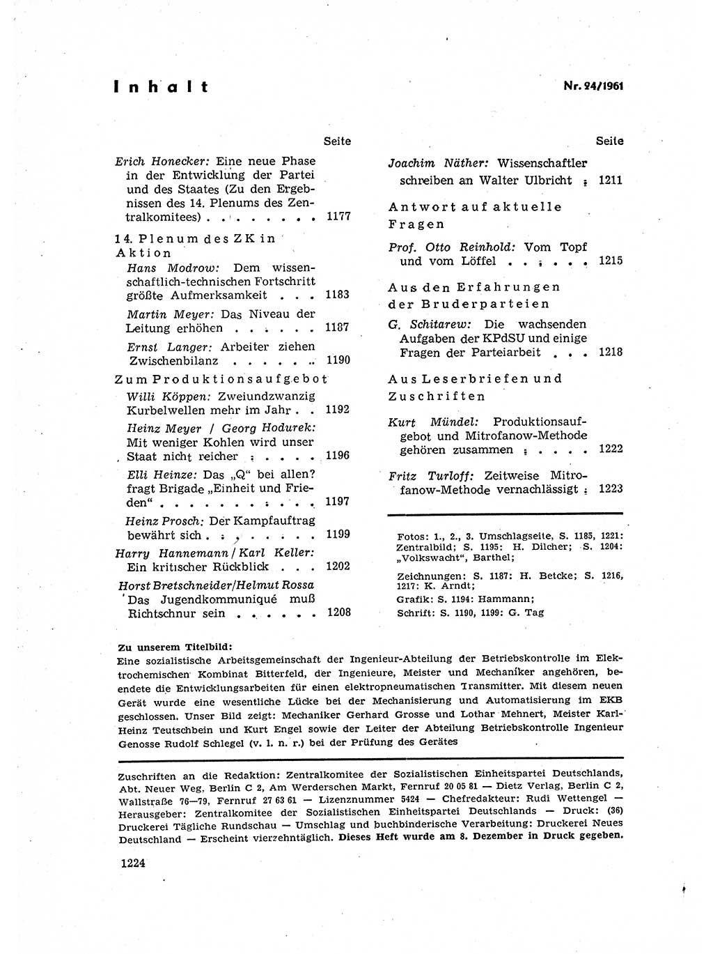 Neuer Weg (NW), Organ des Zentralkomitees (ZK) der SED (Sozialistische Einheitspartei Deutschlands) für Fragen des Parteilebens, 16. Jahrgang [Deutsche Demokratische Republik (DDR)] 1961, Seite 1224 (NW ZK SED DDR 1961, S. 1224)