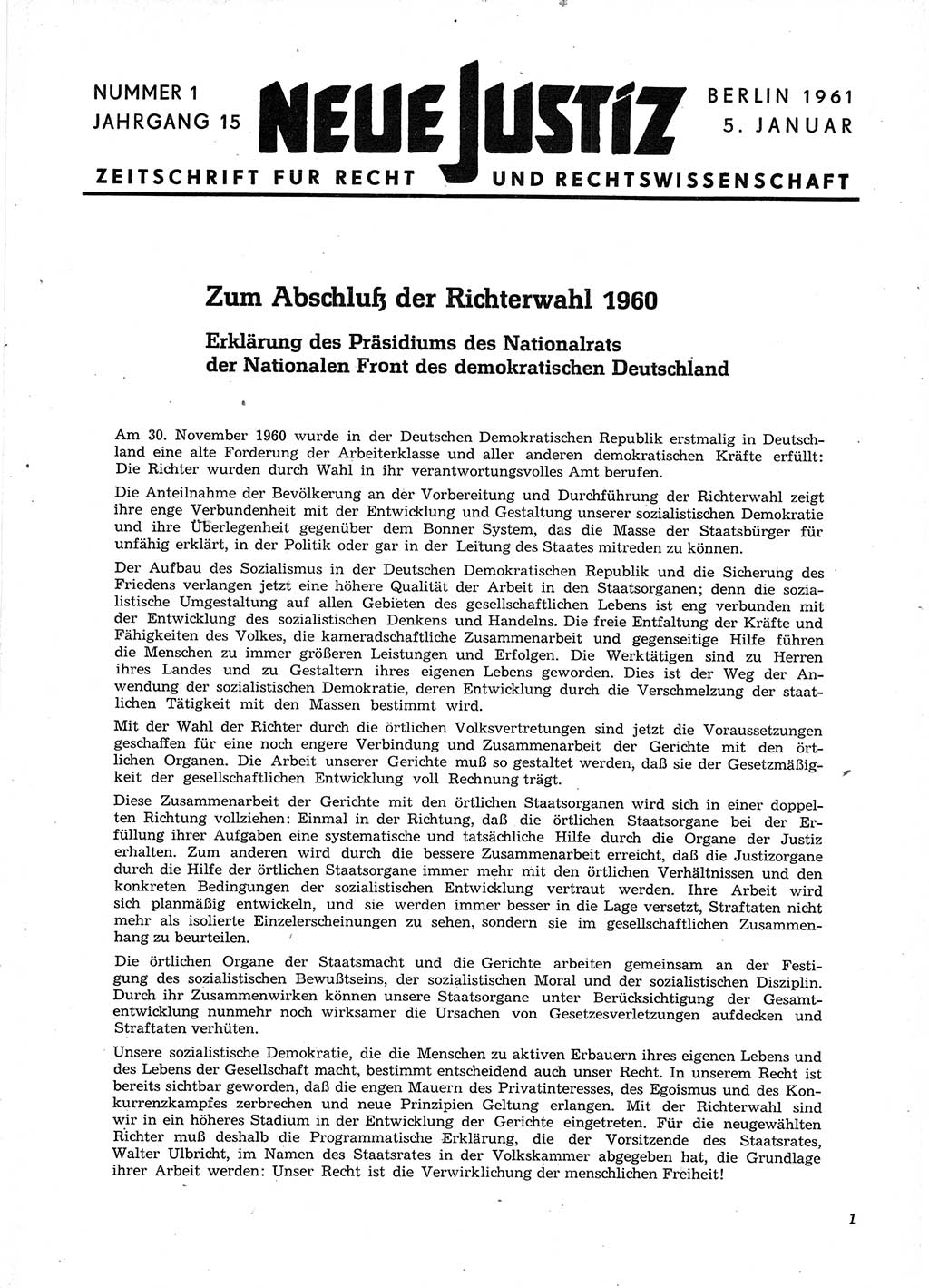 Neue Justiz (NJ), Zeitschrift für Recht und Rechtswissenschaft [Deutsche Demokratische Republik (DDR)], 15. Jahrgang 1961, Seite 1 (NJ DDR 1961, S. 1)