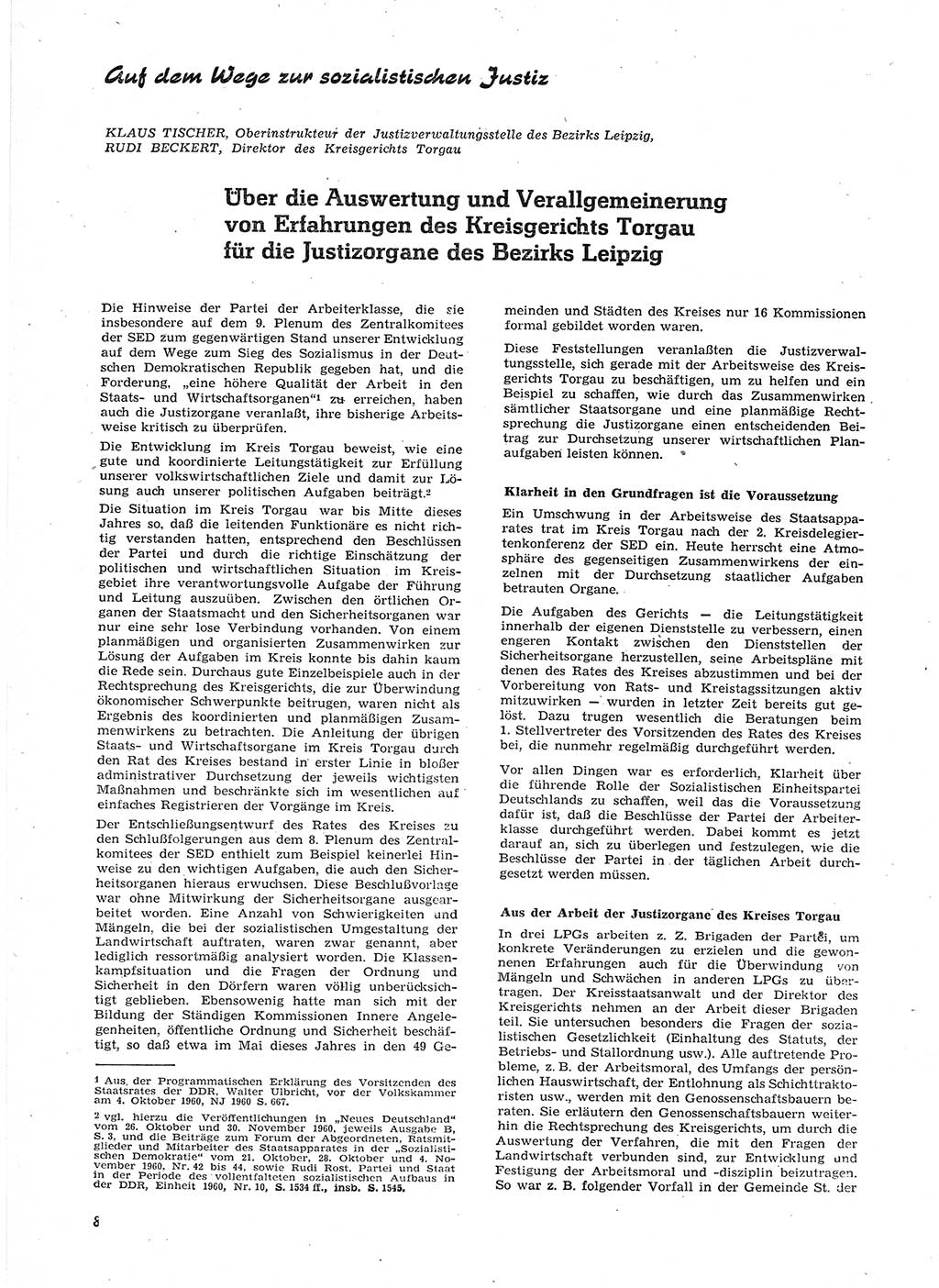 Neue Justiz (NJ), Zeitschrift für Recht und Rechtswissenschaft [Deutsche Demokratische Republik (DDR)], 15. Jahrgang 1961, Seite 8 (NJ DDR 1961, S. 8)