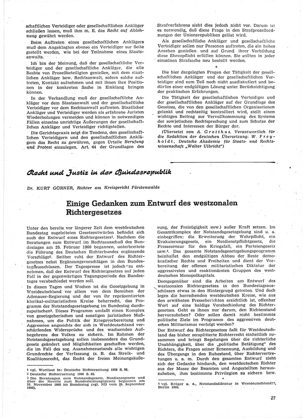 Neue Justiz (NJ), Zeitschrift für Recht und Rechtswissenschaft [Deutsche Demokratische Republik (DDR)], 15. Jahrgang 1961, Seite 27 (NJ DDR 1961, S. 27)
