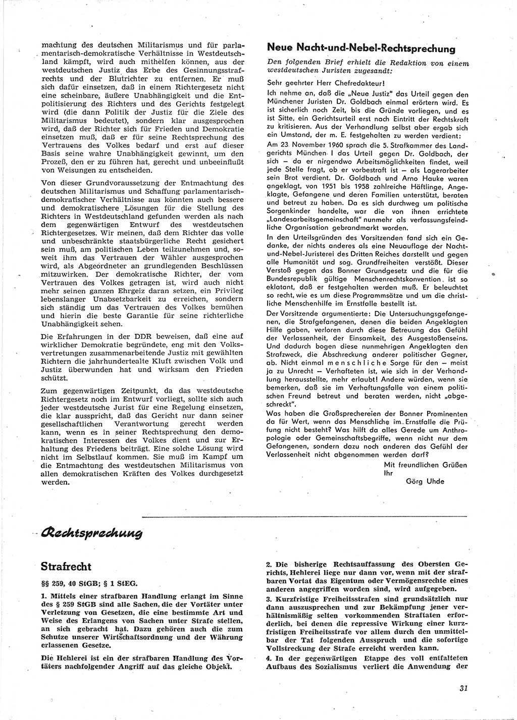 Neue Justiz (NJ), Zeitschrift für Recht und Rechtswissenschaft [Deutsche Demokratische Republik (DDR)], 15. Jahrgang 1961, Seite 31 (NJ DDR 1961, S. 31)