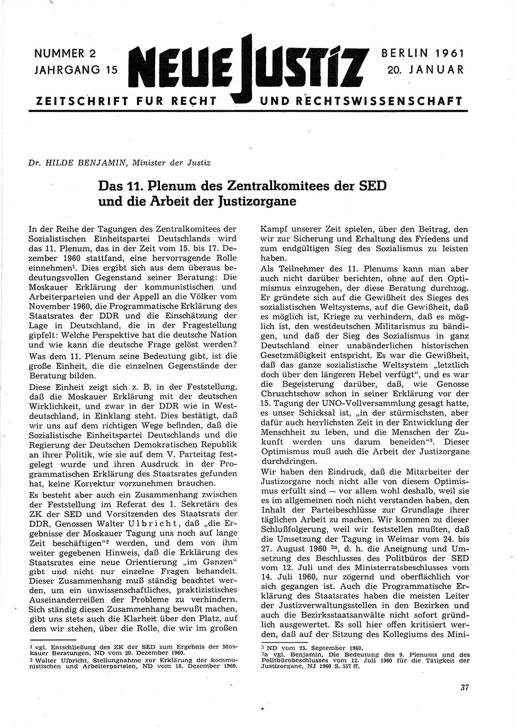 Neue Justiz (NJ), Zeitschrift für Recht und Rechtswissenschaft [Deutsche Demokratische Republik (DDR)], 15. Jahrgang 1961, Seite 37 (NJ DDR 1961, S. 37)