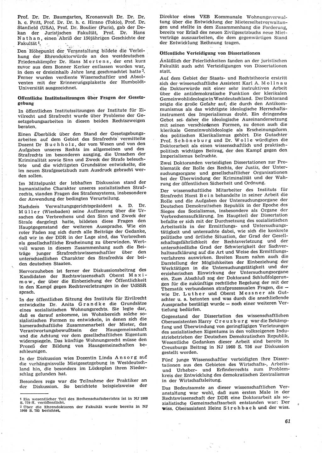 Neue Justiz (NJ), Zeitschrift für Recht und Rechtswissenschaft [Deutsche Demokratische Republik (DDR)], 15. Jahrgang 1961, Seite 61 (NJ DDR 1961, S. 61)