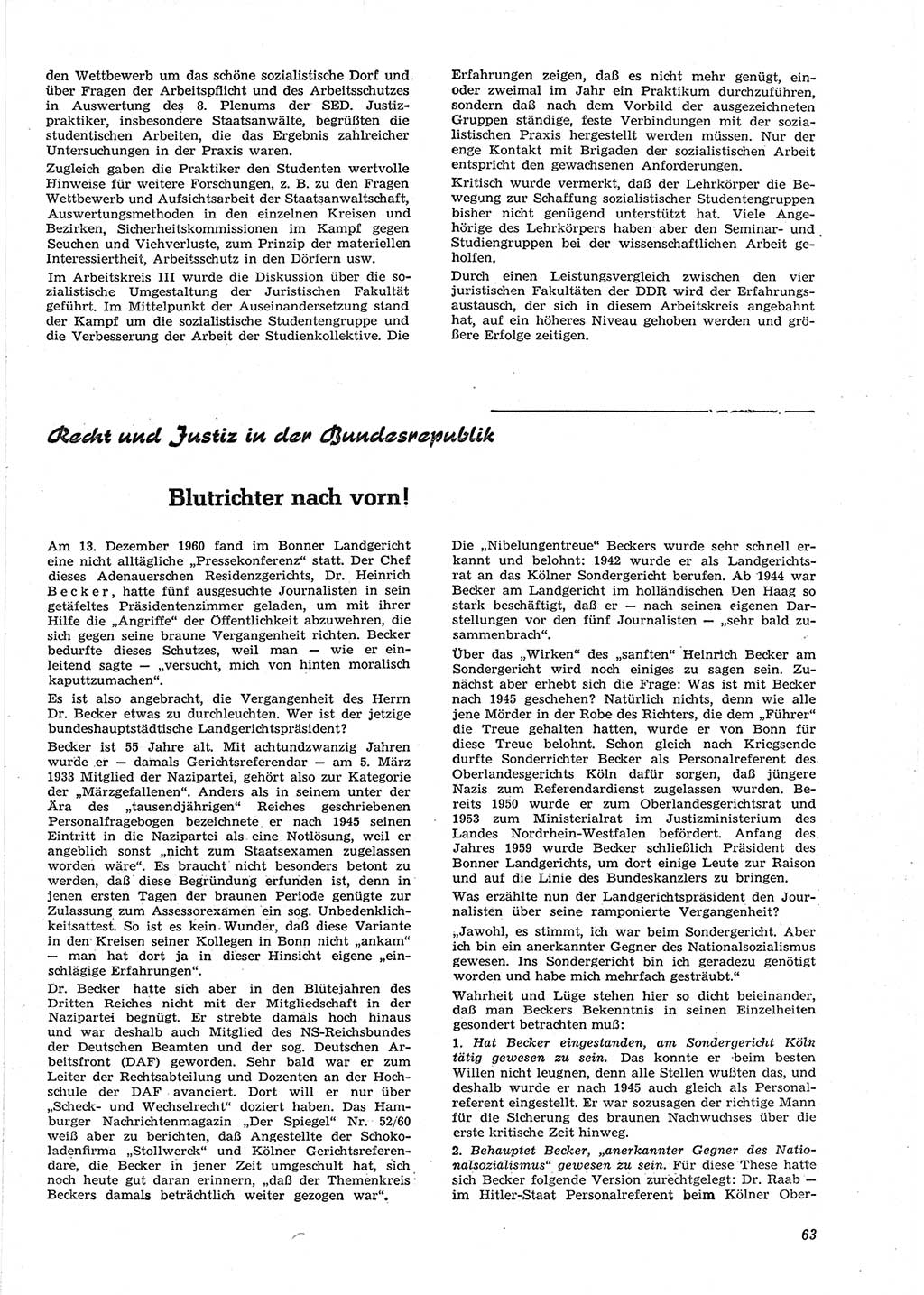 Neue Justiz (NJ), Zeitschrift für Recht und Rechtswissenschaft [Deutsche Demokratische Republik (DDR)], 15. Jahrgang 1961, Seite 63 (NJ DDR 1961, S. 63)