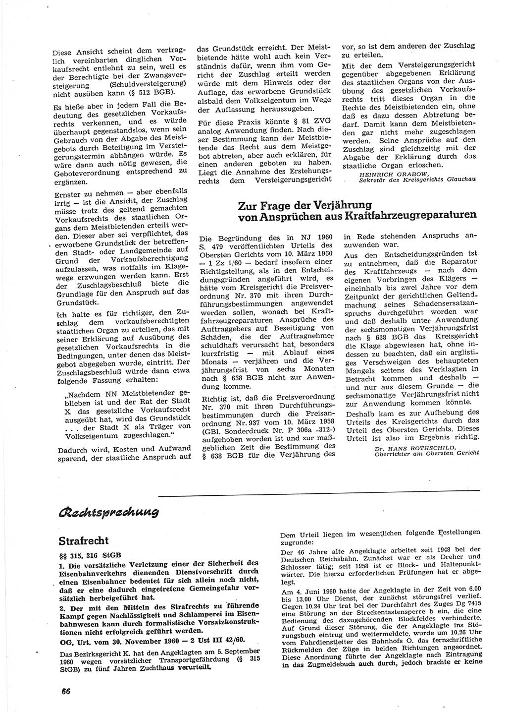 Neue Justiz (NJ), Zeitschrift für Recht und Rechtswissenschaft [Deutsche Demokratische Republik (DDR)], 15. Jahrgang 1961, Seite 66 (NJ DDR 1961, S. 66)