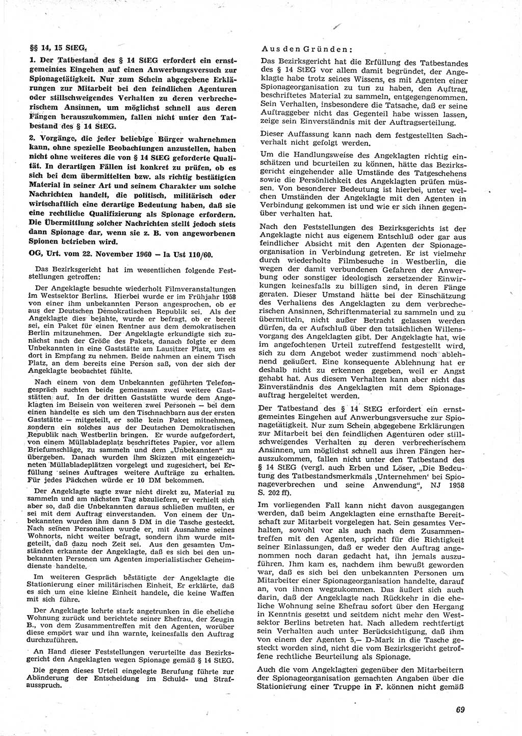 Neue Justiz (NJ), Zeitschrift für Recht und Rechtswissenschaft [Deutsche Demokratische Republik (DDR)], 15. Jahrgang 1961, Seite 69 (NJ DDR 1961, S. 69)